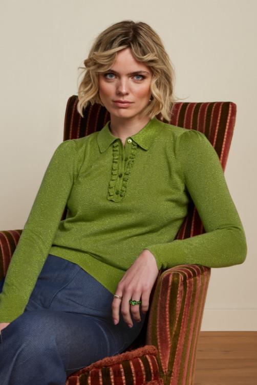 Frauen Polo-Rüschenoberteil in Lapislazuli King Louie Waldrebengrün Bekleidung LP84R68